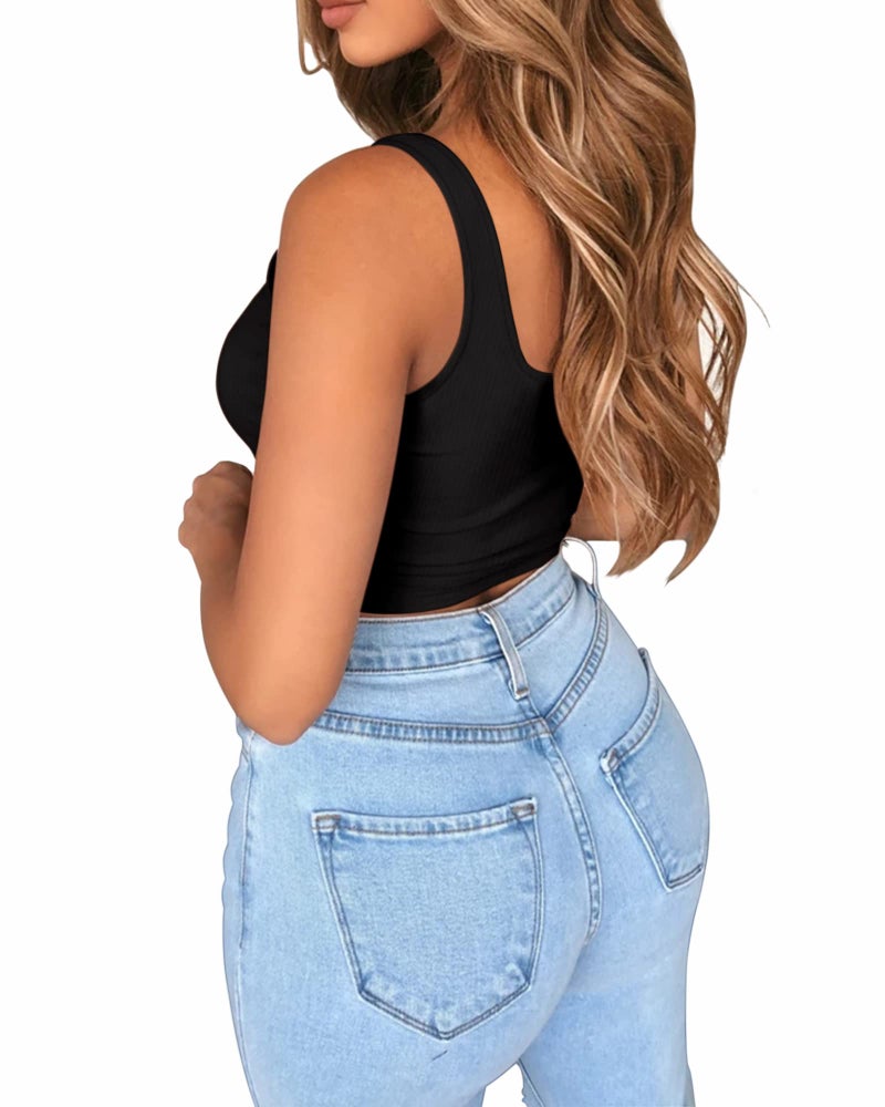 BelleLovin AESLOVIN Women's Ribbed Knit Basic Scoop Neck Sleeveless Crop Tank top (Black, Small, s) - Image 3
